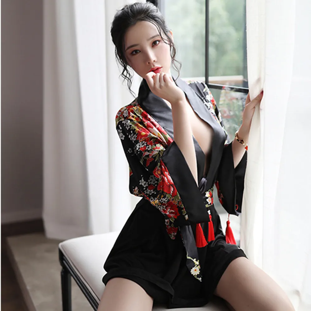 

Сексуальное платье-кимоно с цветочным принтом, женская традиционная прозрачная мини-юбка, японский модный халат, короткий ночной халат