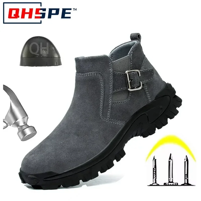 Cowhide Suede Steel Toe Safety Boots Anti Smash Anti Puncture Slip Resistant Chelsea Work Shoes Men Breathable Durable