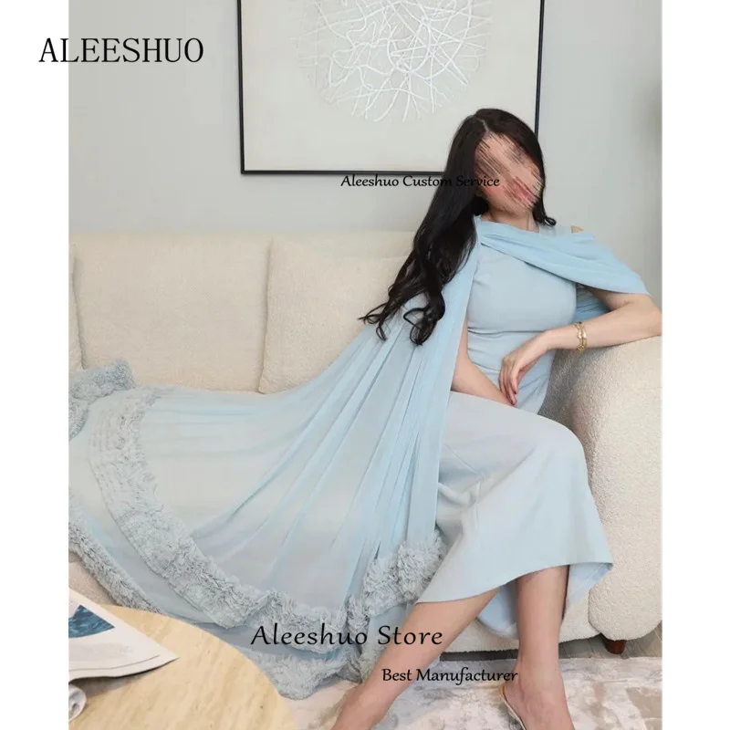 Aleeshuo-vestidos de graduación de sirena azul cielo de Arabia Saudita, Vestidos de Noche de cuello redondo, manga corta plisada, largo hasta el té, 2024