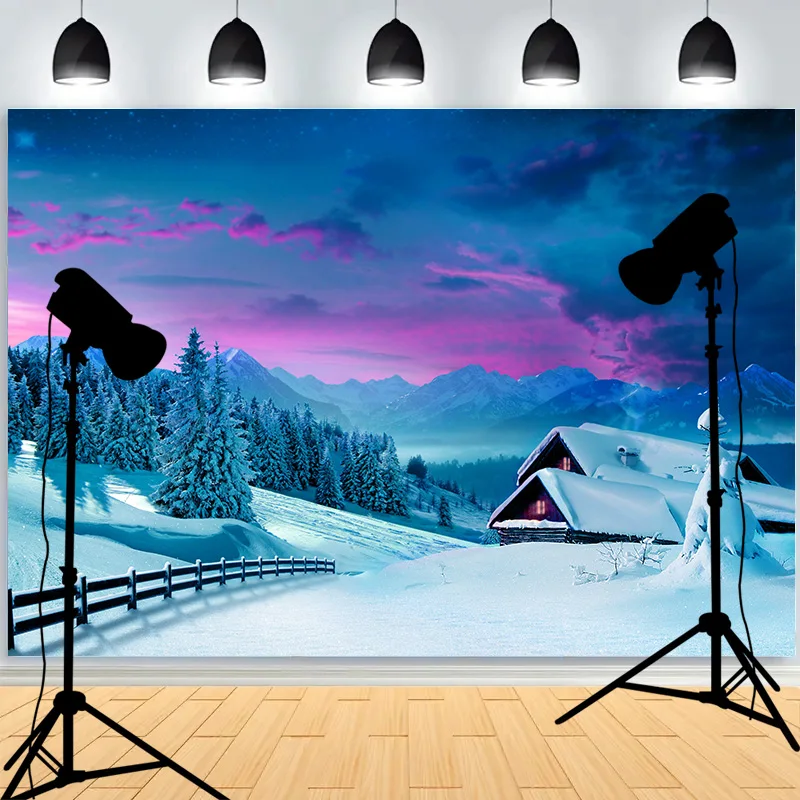 Snowflake Pine Forest Frozen Stream Photography Background Frost Snow Hill Winter Wonderland Photo Studio Backdrops AM-08