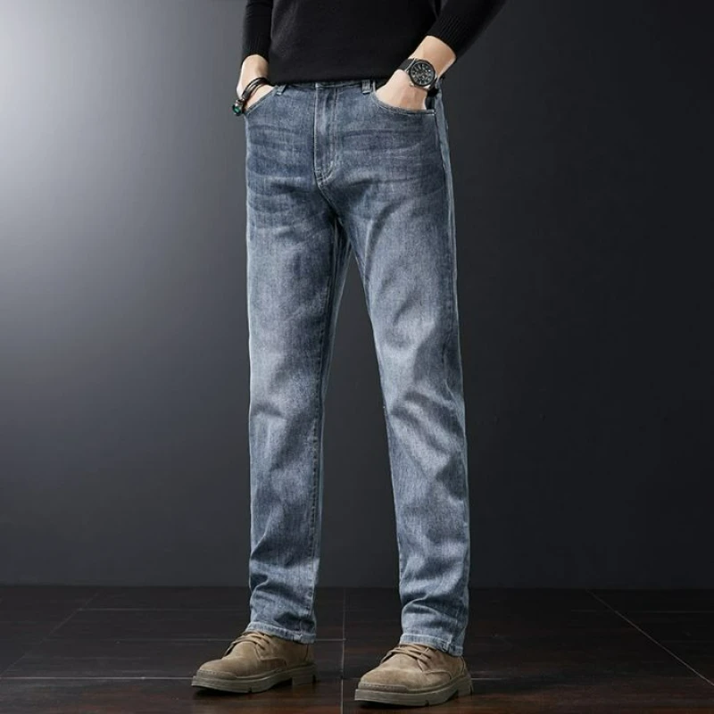 الفاخرة الخريف الشتاء سميكة لينة الجينز الرجال مرونة الخصر فضفاض مستقيم التنفس سراويل جينز الذكور موضة تنوعا بنطلون