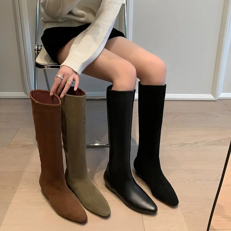 Dropshipping New Leather Custom Suede Boots Retro Pointed Flat-Bottomed Sleeve Knight Boots Sexy And Thin Casual Women's Boots