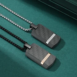 Men's Personalized Necklace Black Pure Carbon Combination Stainless Steel With White Zirconia Military Pendant