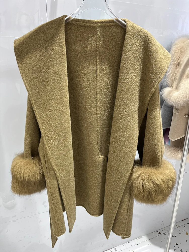 

New Winter Women Jacket Thick Warm Wool Coat Natural Real Fox Fur Cuffs Loose Belt Luxury Jackets Streetwear