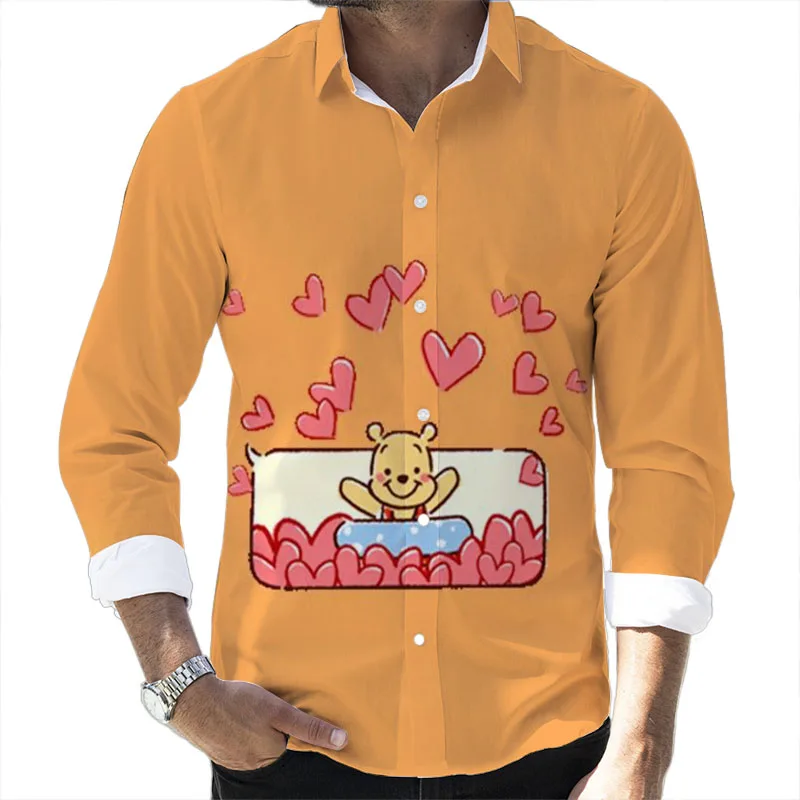 Street Style Mickey Minnie Cartoon 2024 Spring Harajuku New Fashion Casual 3D Printed Long Sleeve Lapel Shirt Slim Men's Top