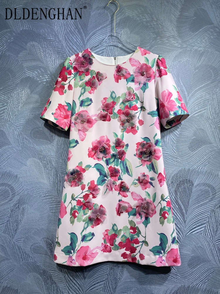 

DLDENGHAN Summer Dress Women O-Neck Short Sleeve Diamonds Appliques Floral Print Vintage A-Line Mini Dress Fashion Designer New