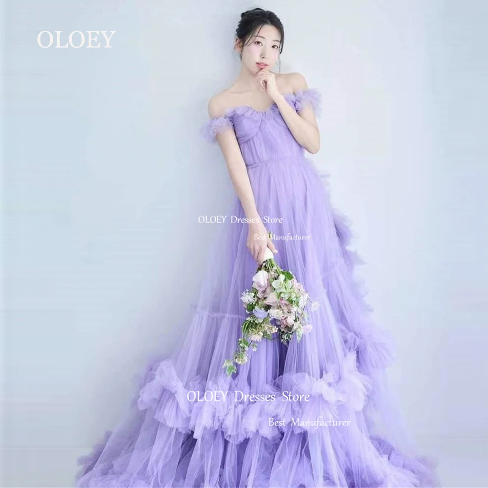 

OLOEY Lavender A Line Korea Wedding Dress Photoshott Off Shoulder Pleats Soft Tulle Prom Dress Formal Performance Gown Corset