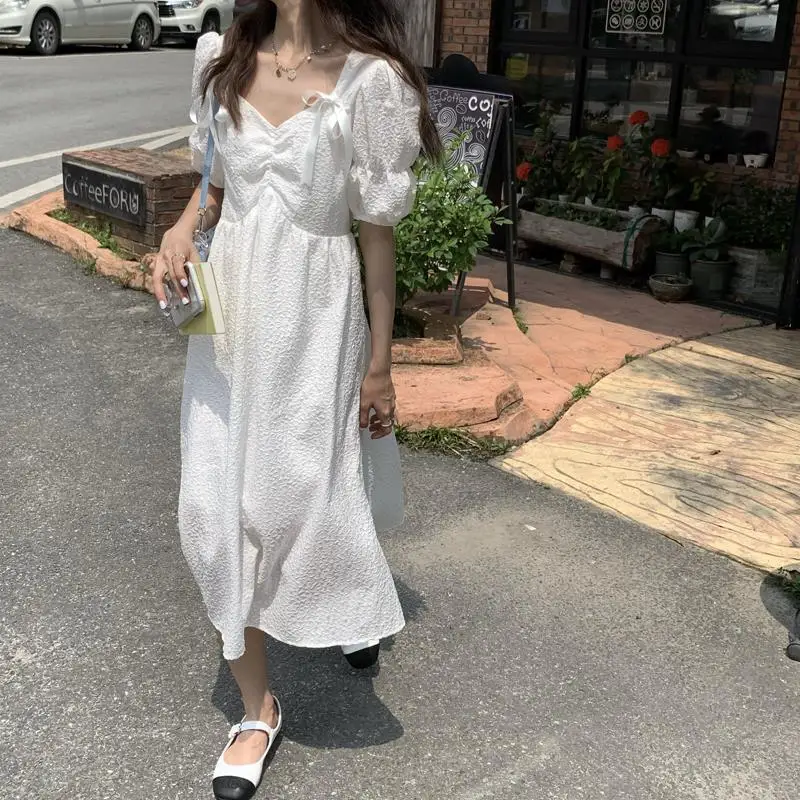 2025 New Summer Bubble Sleeve Princess Dress with Bareback Bow Strap Fairy Dress