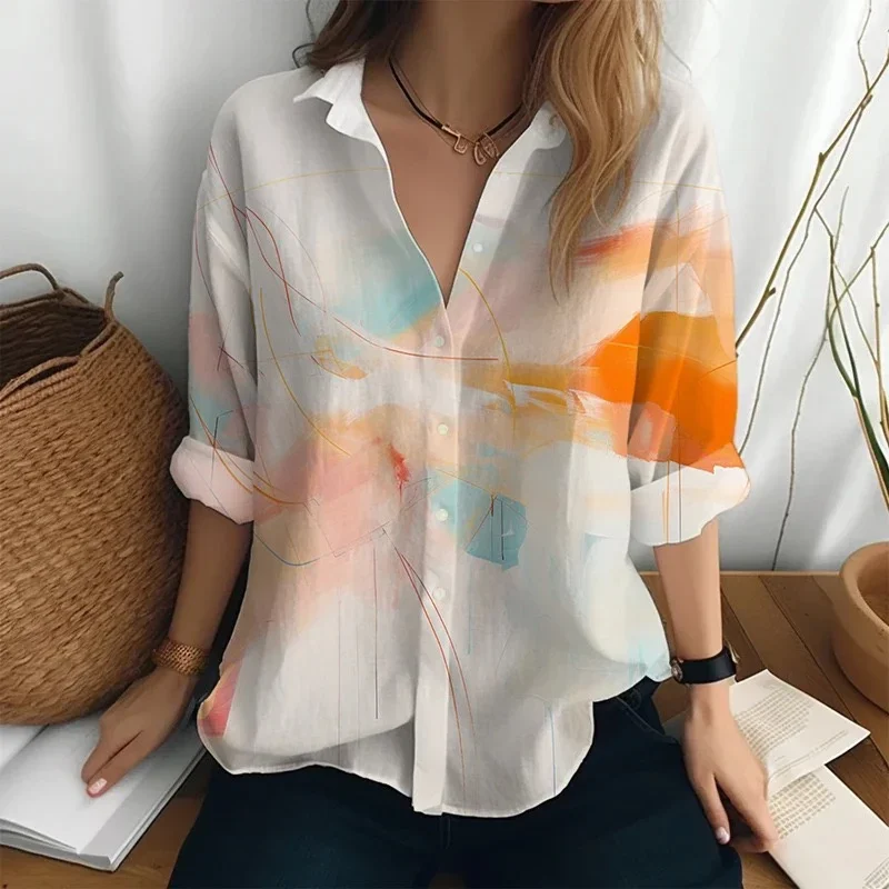 2024 New Business Women\'s Shirt Long Sleeve Solid Color Printed Collar Pocket Daily Beach Vacation Comfortable Top