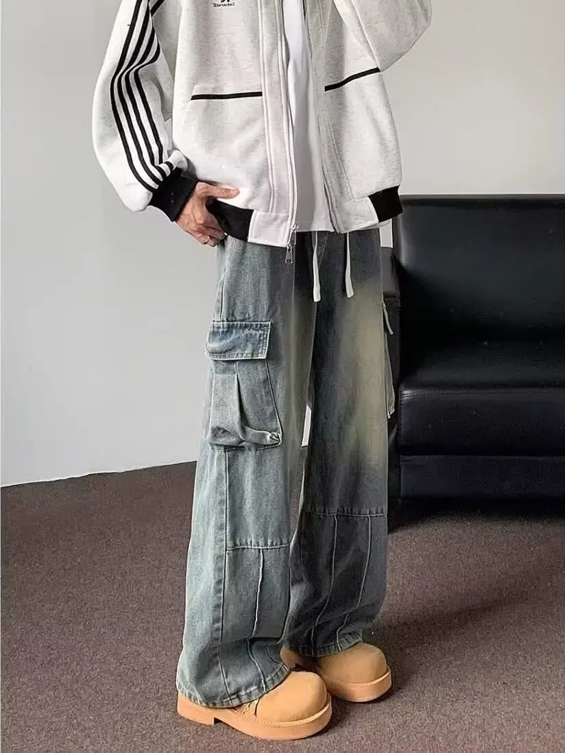 

Мужские джинсы свободного кроя для работы, осенне-зимние, в американском ретро-стиле, с эластичным поясом, прямые, широкие штанины, модные, повседневные...