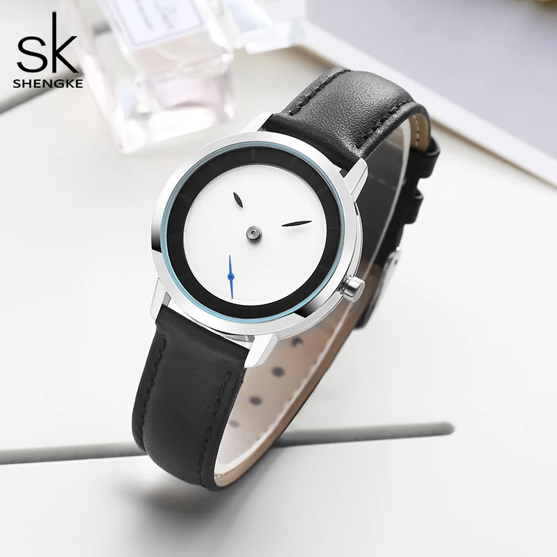 Shengke High-End Full Stainless Steel Women\'s Watches Simple Leather Strap Woman Quartz Wristwatcehs Original Design Lady Clock