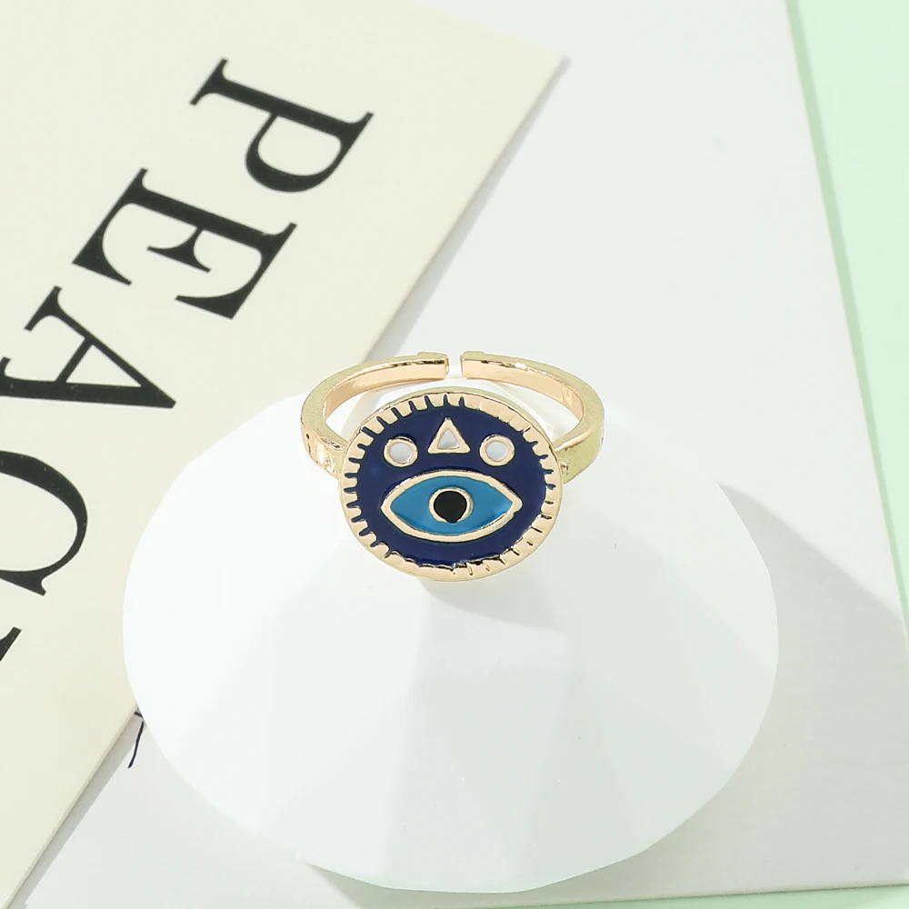 Trendy Hollowed Out Blue Enamel Evil Eye Ring Women Gold Color Plated Fashion Jewelry For Girl Party Gift