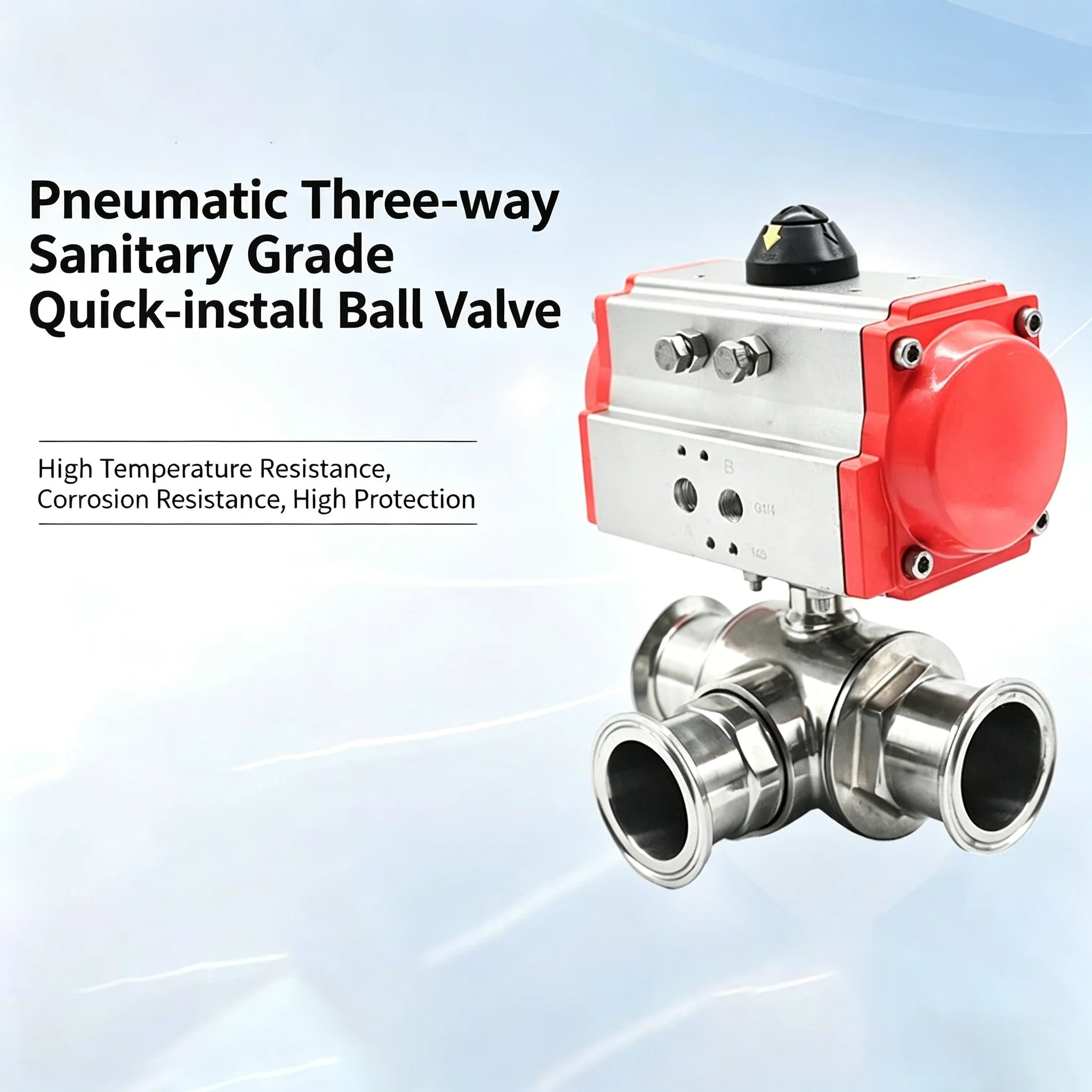 Three-Way ball Valve for Sanitary ApplicationsStainless Steel Tri-clamp Sanitary Pneumatic