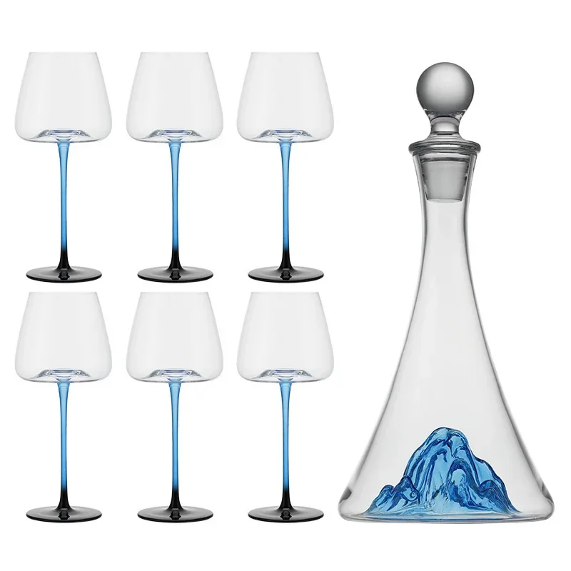 Burgundy high-end light luxury crystal waterfall decanter blue rod red wine glass household ice blue wine set wine set
