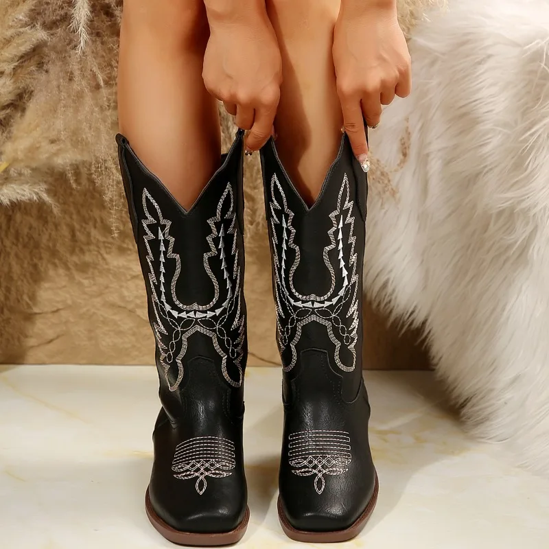 Women Shoes New High Quality Block Heels Mid-calf Cowboy Boots Women Vintage Country Concert Western Women Boots Botas De Mujer