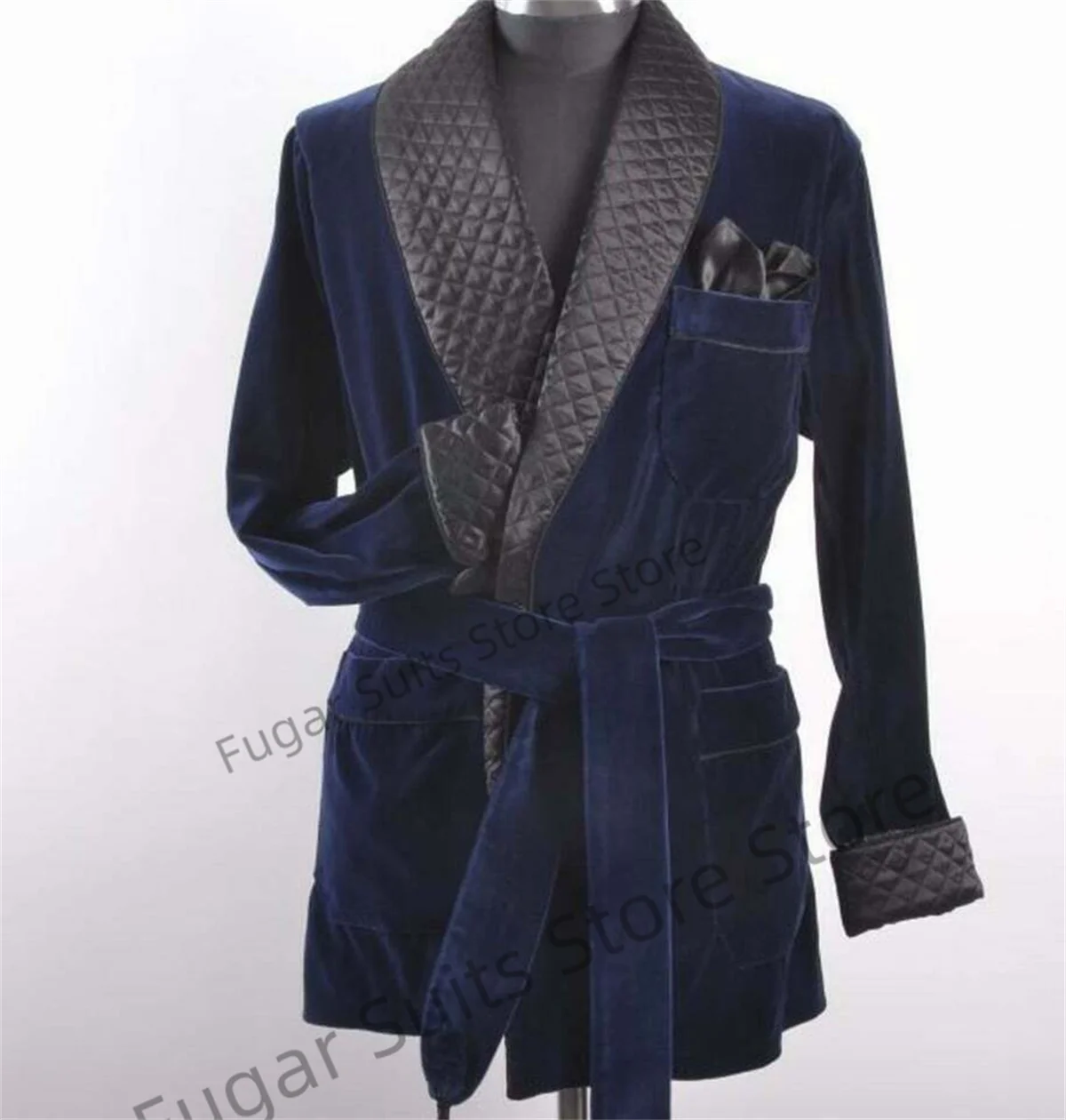 Luxuly Velvet Men Black Smoking Fashion Jacket Wedding Dinner Evening Party Groom Wear Robe With Belt Ropa Hombre