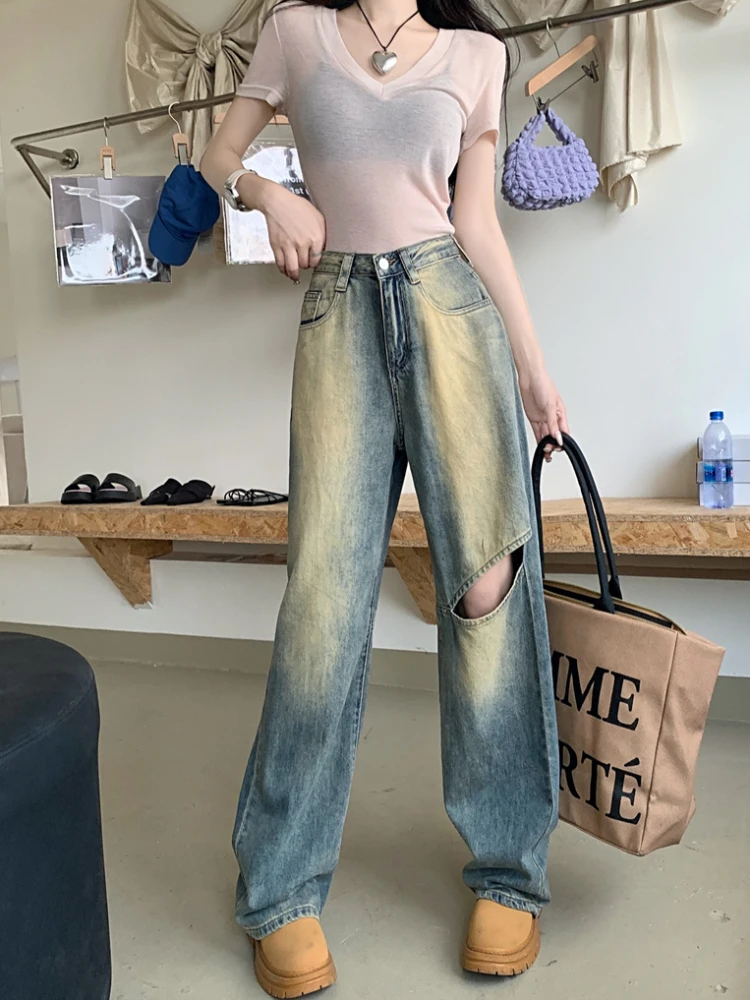 Retro Jeans Frauen High Street Büro Dame Breites Bein Lose Pendeln Casual Trendy Frühling Hosen Freund Gewaschen Europäischen Stil