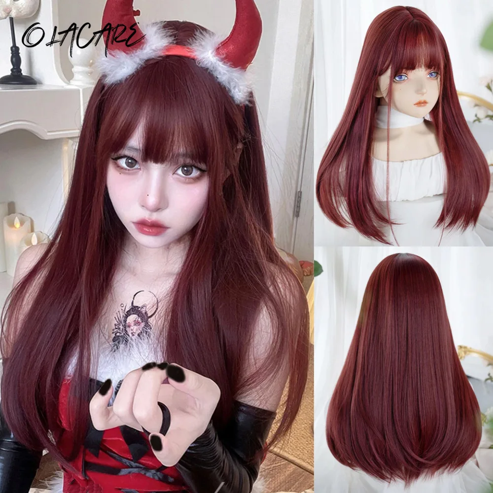 

Винно-красные парики для женщин Длинные бордовые прямые парики с челкой Косплей Парик на каждый день Синтетические искусственные волосы Высокотемпературный парик