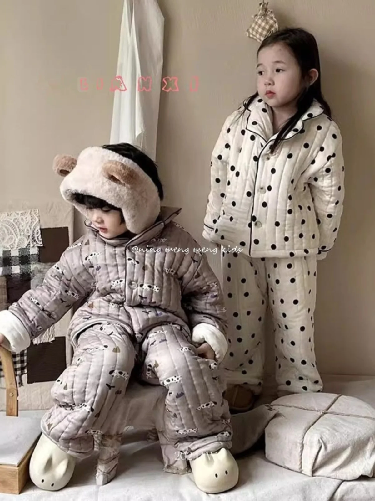 Meninas ternos de três camadas acolchoado acolchoado dos desenhos animados casa wear coreano inverno masculino e meninas calças acolchoadas pijamas conjunto de duas peças