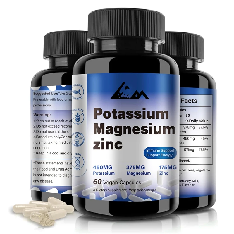 Magnesium potassium supplement 1000mg, used for leg spasms, supports vascular, bone, heart, and muscle health, vegetarian