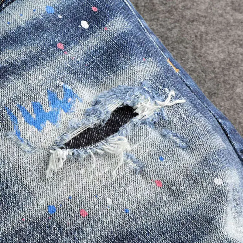 y2k fashion new men's jeans painted red patch elastic slim fit nostalgic blue jeans high street hip-hop brand pants hombre