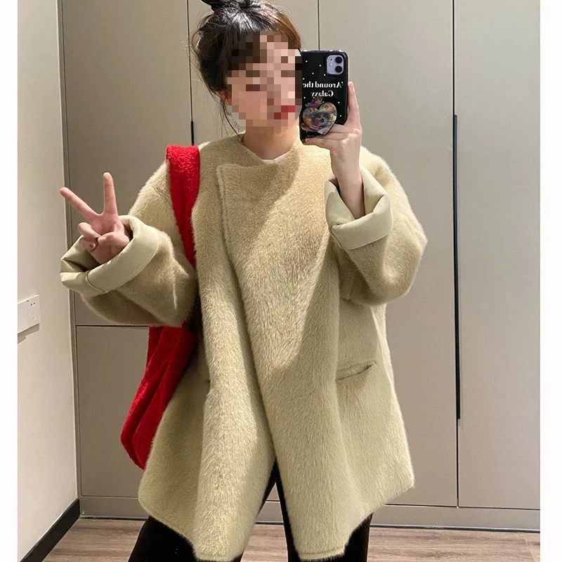 

Mink velvet apricot casual loose simple fur one 2024 autumn/winter new imitation fur plush coat thickened