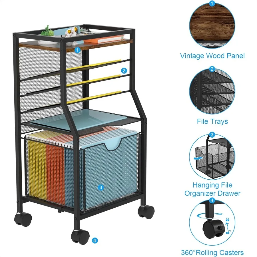 Тележка для файлов на колесиках, 6-уровневый настольный органайзер для файлов на запираемых колесах, коричневые деревянные доски, сетчатая раздвижная подвесная папка, ящик Organizatio