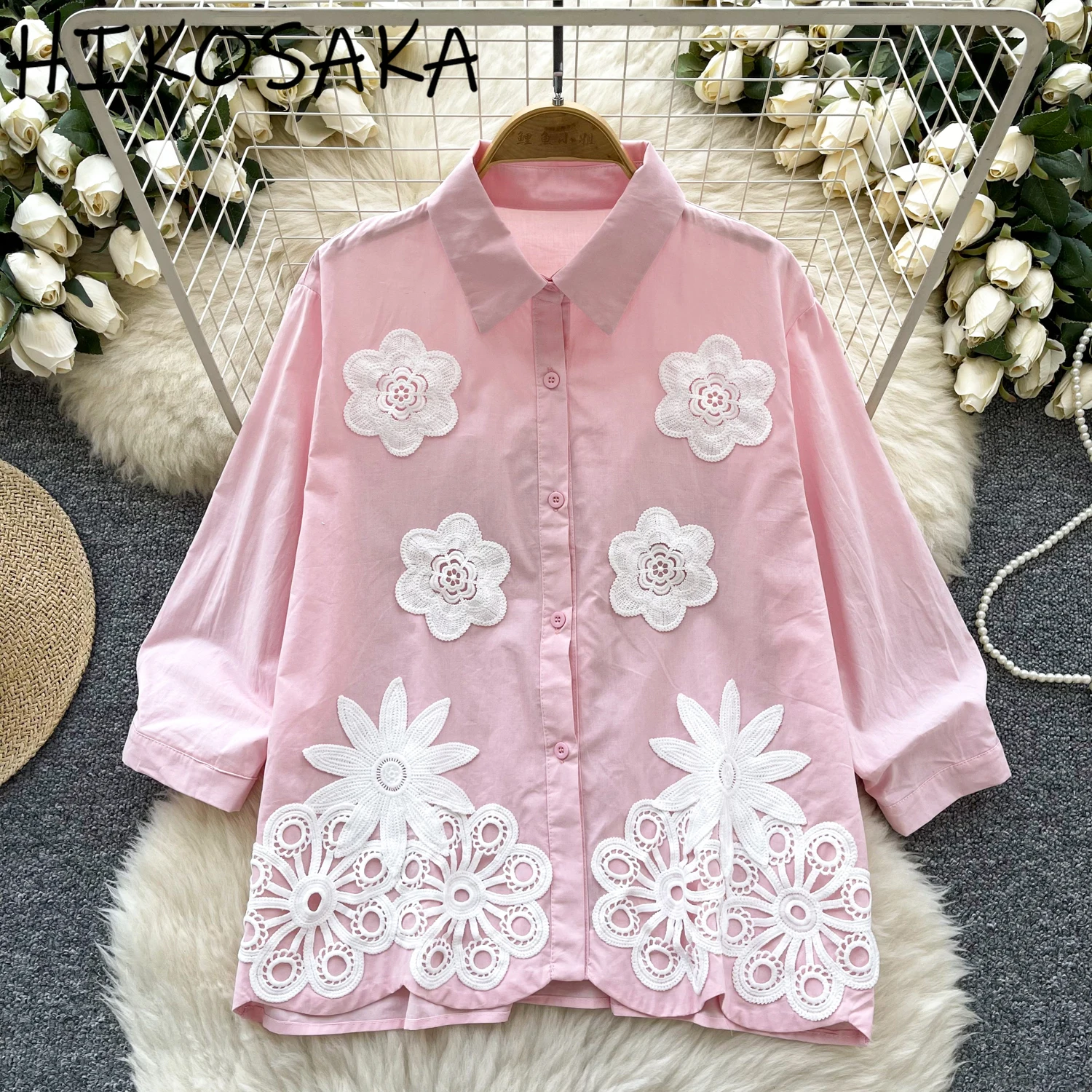 

French Style Three-dimensional Floral Embroidered Shirts Loose All-match Three-quarter Sleeve Top Casual Single Breasted Blusas
