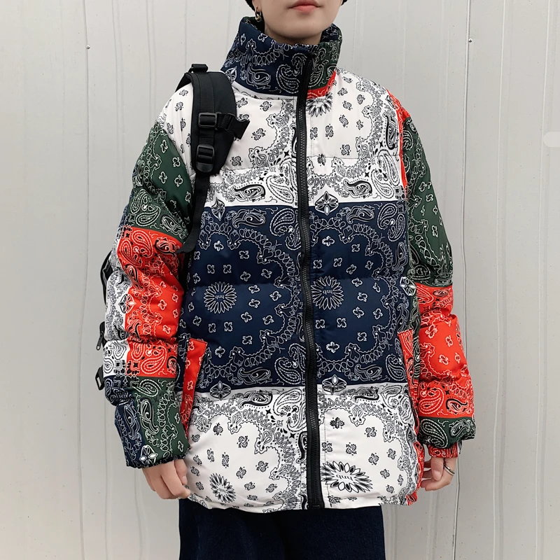 

YASUGUOJI Winter Harajuku Paisley Pattern Padded Jacket Men Warm Cashew Flowers Loose Parkas Thicken Streetwear Outerwear Coat