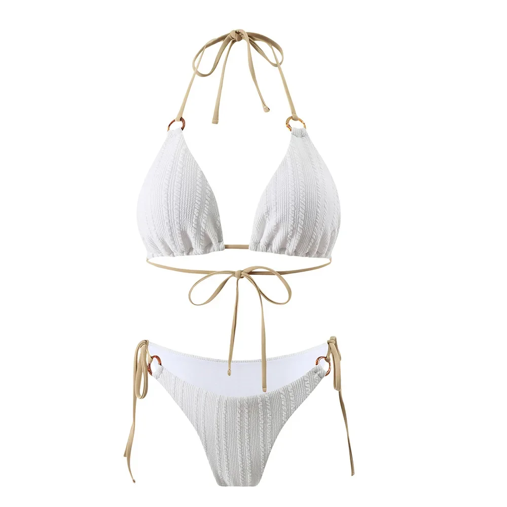 Maillot de bain blanc sexy pour femmes, micro, bikini, tanga, ensemble deux pièces, style brésilien, vêtements de plage, avec anneau imbibé, 2024