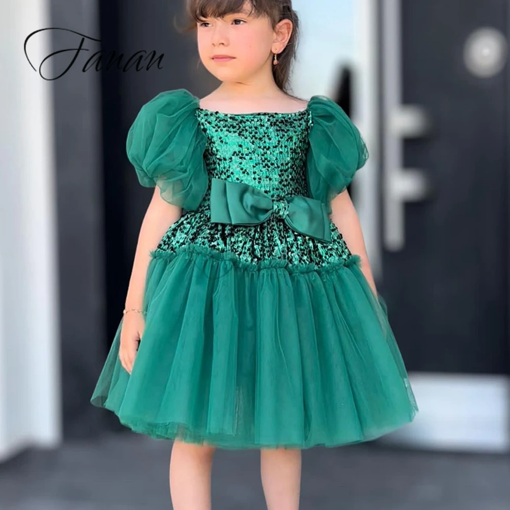 Abiti da ragazza di fiori personalizzati Manica a lanterna Paillettes Prospettiva Fiocco per bambini per matrimoni Festa di compleanno A-line per bambini