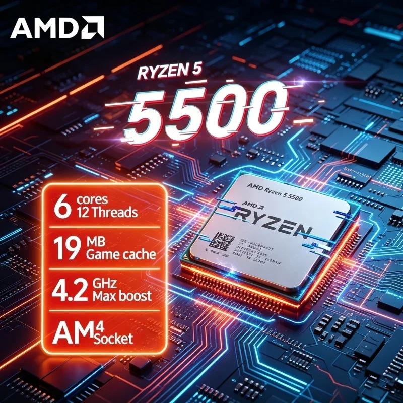 Air Cooler Friendly AMD Ryzen 5 5500 CPU 6 Core 12 Thread 65W 4.2GHz AM4 16MB L3 Cache Low Heat Gaming Processor No Cooler