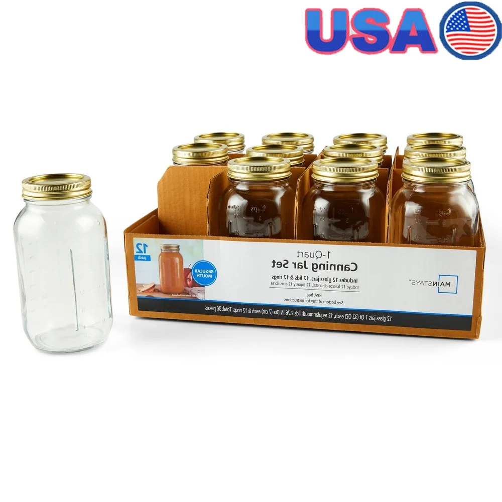 Paquete de 12 tarros de vidrio para conservas de 1 cuartos con tapas y anillos, boca Regular hermética, apto para lavavajillas, almacenamiento de alimentos seguro
