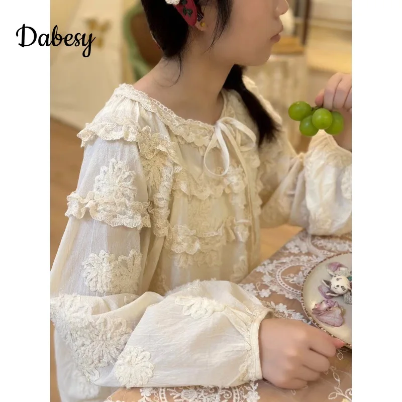 Vintage Elegant Design Ruffle Lolita White Shirt Women Japanese Mori Girl Lantern Sleeves Loose Blouse Autumn Female Kawaii Tops