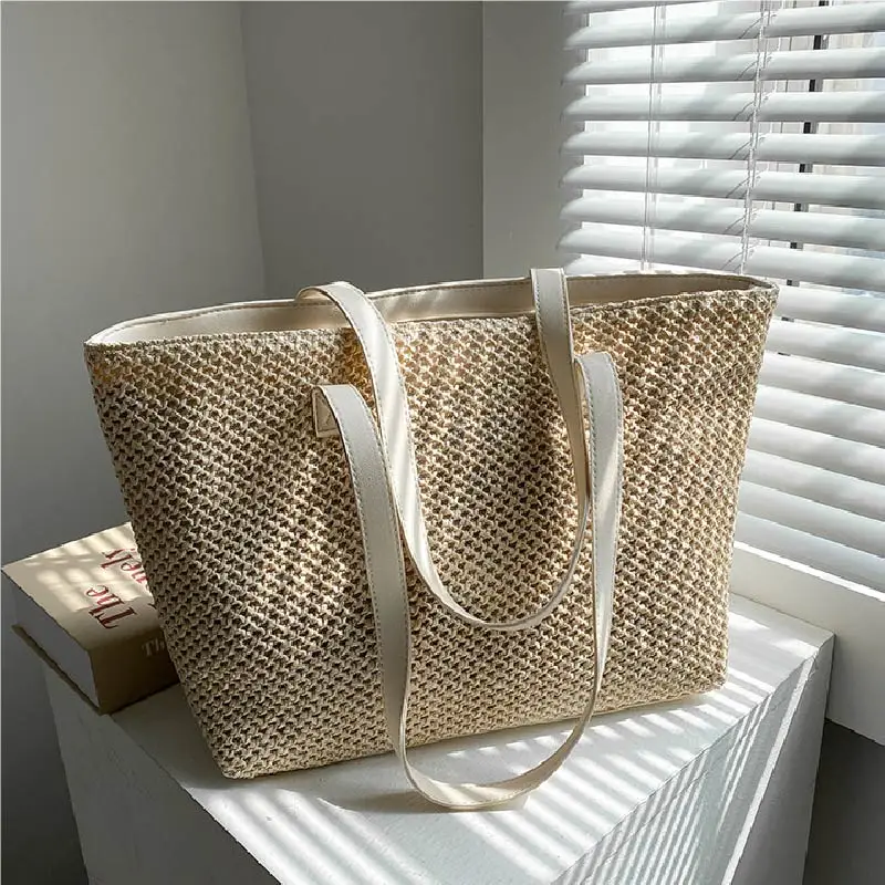 2026 Summer Beach Straw Women's Bag Large Capacity Shopper Tote Women Pure Color Shoulder Makeup Bag Casual Female Purse Handbag