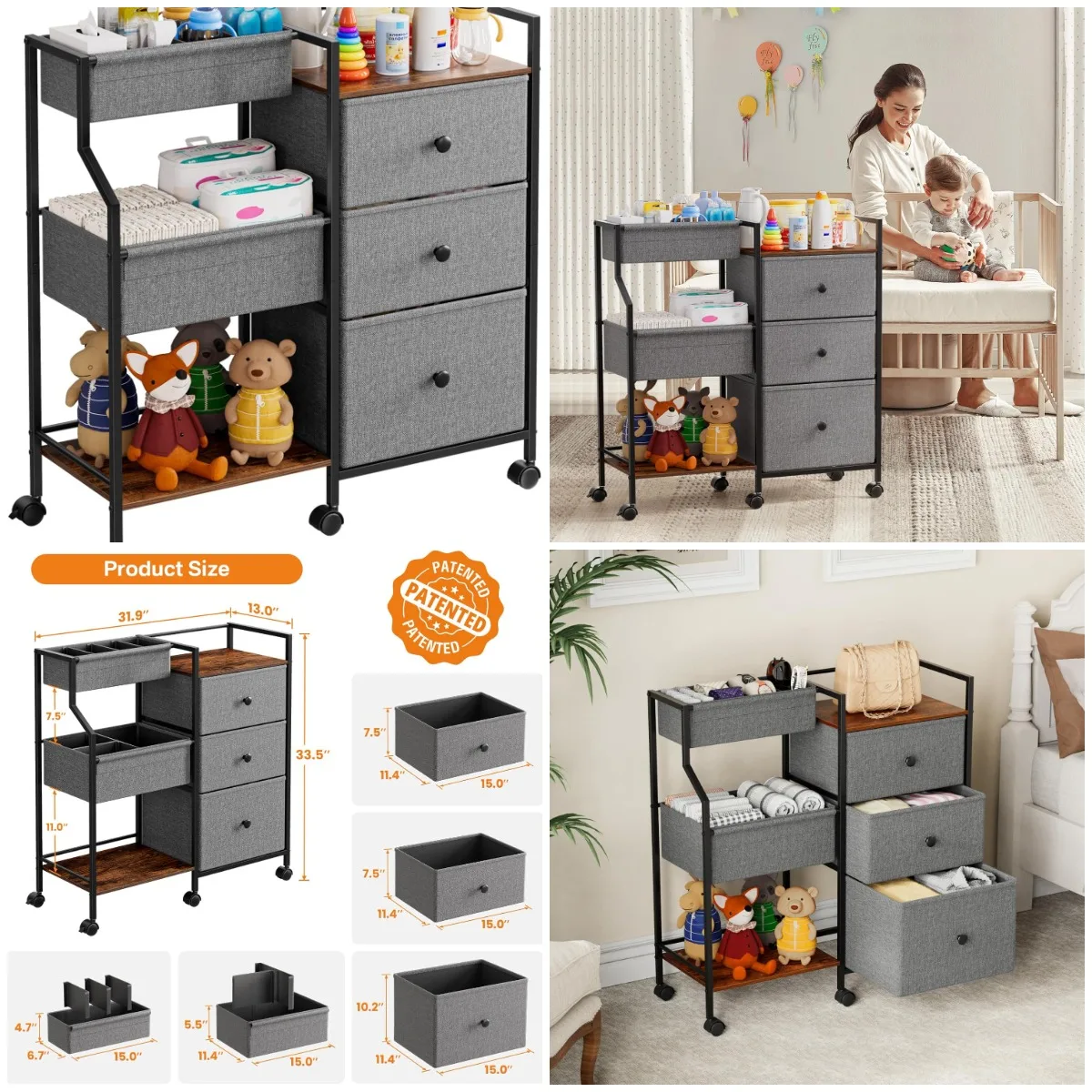 

3-Tier Rolling Diaper Caddy with Drawers & Dividers - Portable Nursery Cart with Wheels