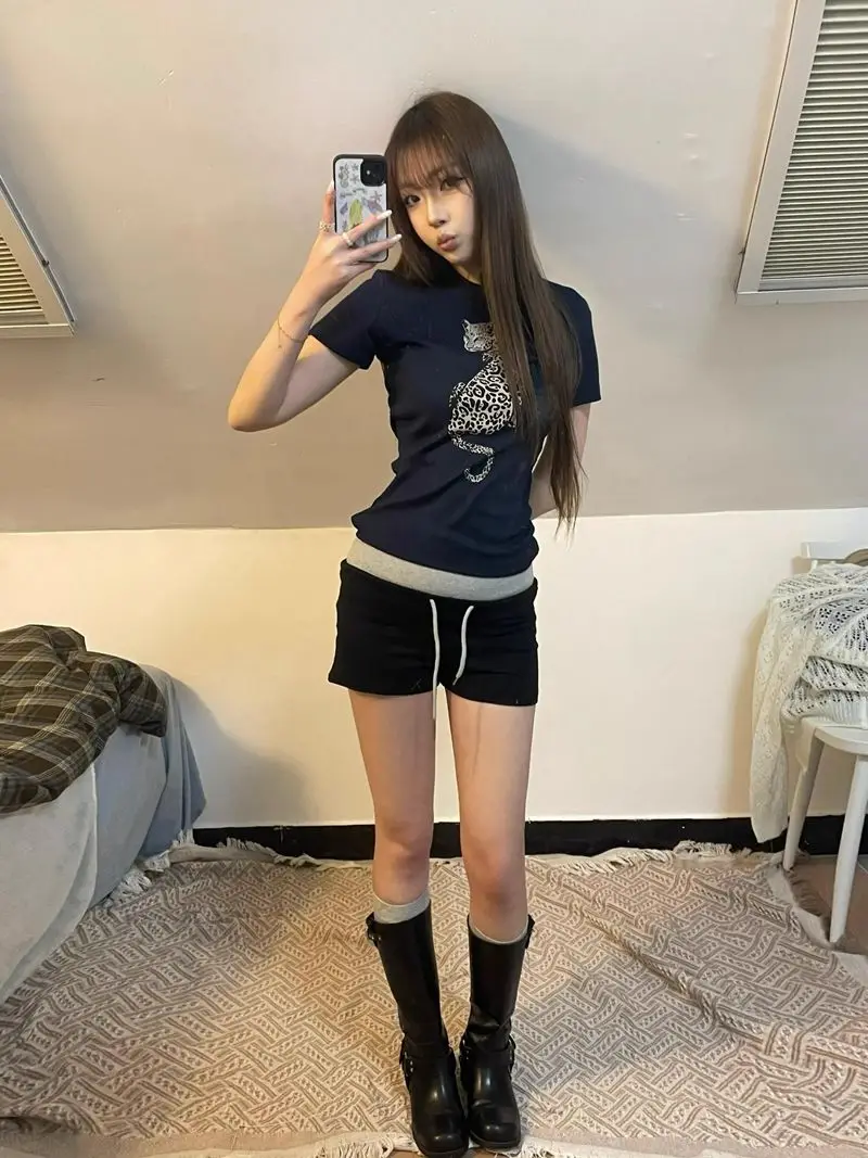 Amerykańska koszulka z krótkim rękawem w stylu retro, granatowa, z przodu na ramię, dla kobiet, letnia, wąska, wąska, krótka koszulka