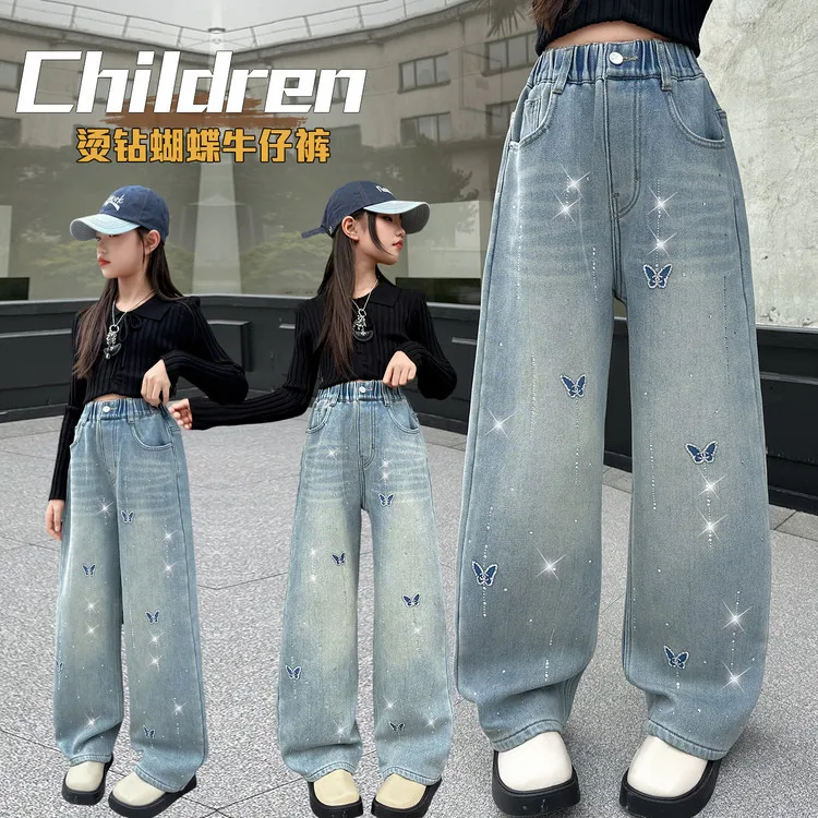 2026 Spring Autumn Children Fashion Jeans with Rhinestone Bow for Teenage Girls Elegant Denim Pants Kids Loose Straight Trousers