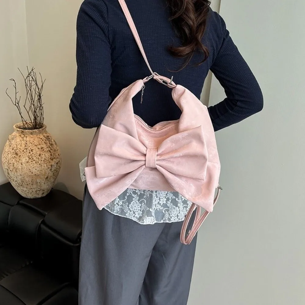 

Simple Sweet Bow Shoulder Bag Multifunctional Commuting Large Capacity Handbag Y2K Underarm Bag PU Backpack Girl