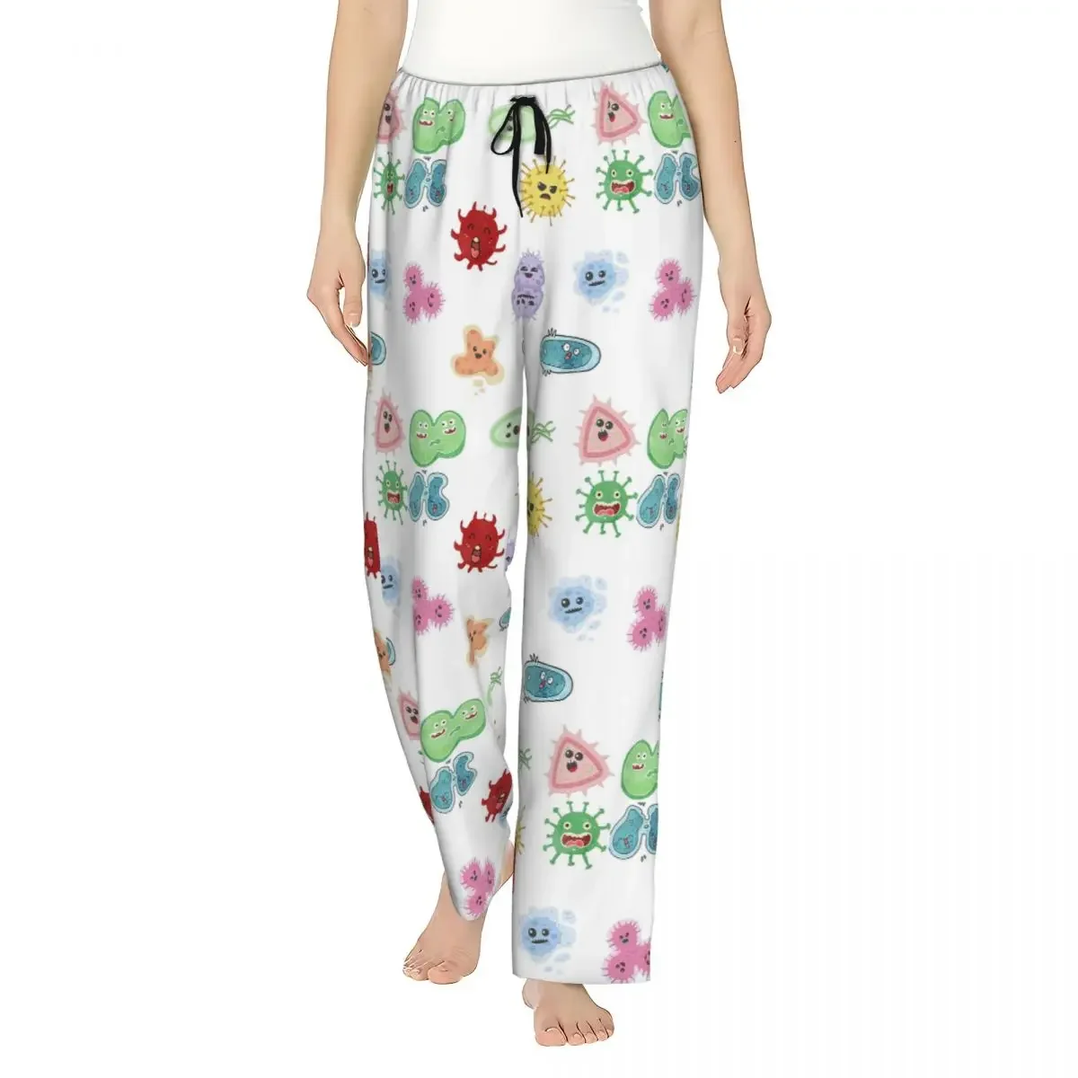 

Женские пижамные брюки с карманами с принтом милых микроорганизмов: бактерии, вирусы, кишечные палочки (E. coli) – для дома и сна