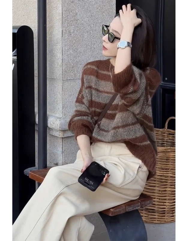 Early Autumn Loose Women's Camere Sweater Striped Color Blo Knitted Top Casual Sle Long Sve round Ne Regular Thi...