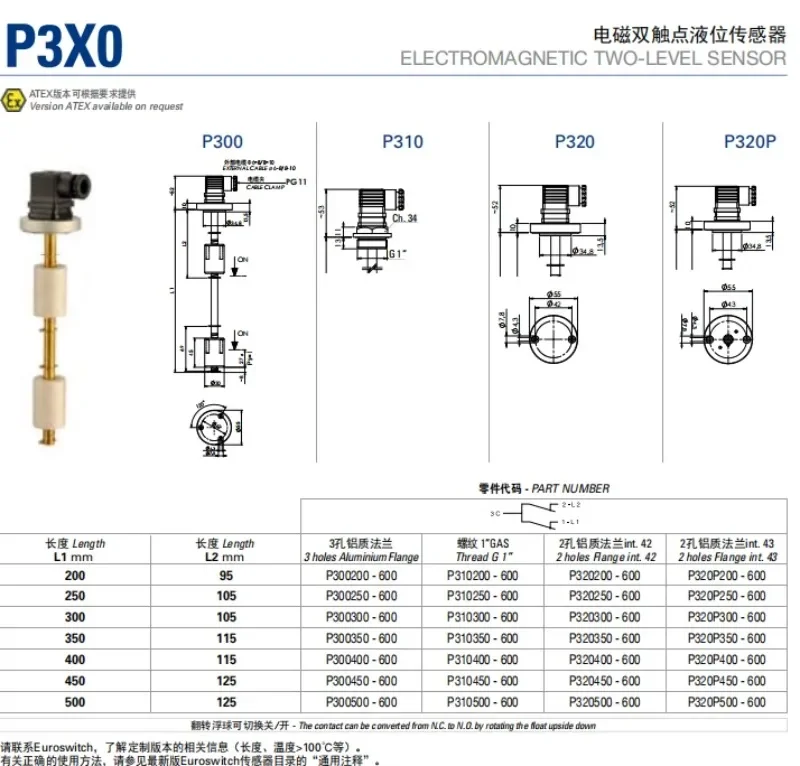 Spot Italian imported Euroswitch double float level switch P300 series