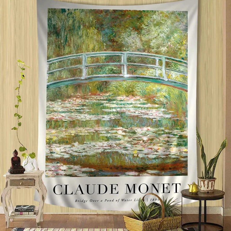 VIKAMA Claude Monet Water Lily Bridge Tapestry, Famous Oil Painting Print Wall Hanging for Bedroom Dorm Living Room Home Decor