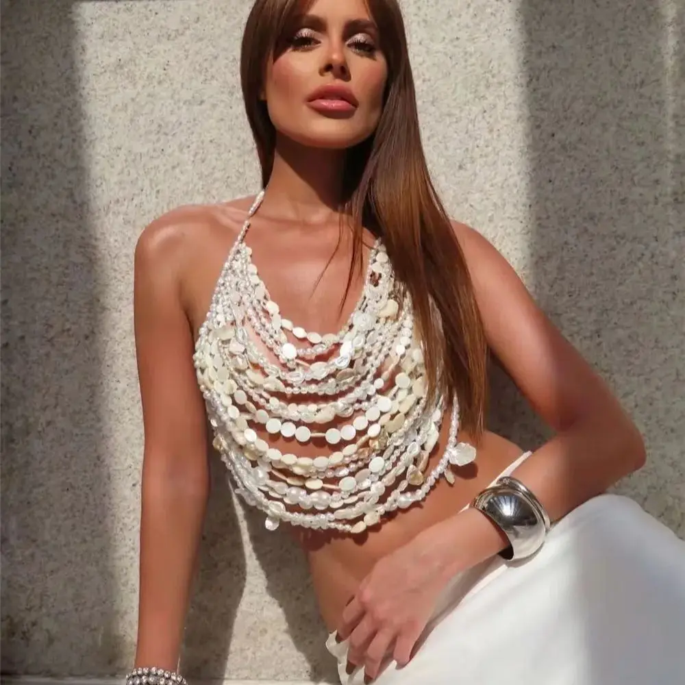 European And American Style Multi-Layer Beaded Body Chain For Women, Pearl Necklace Layered Over Top, Sexy Strapless Vest