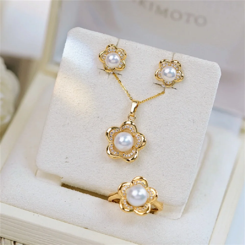 Charming Pearl 18K Gold Wrapped Copper Thick Plated Small Flower Blossom Pendant Ring Earnail Set 5-9mm