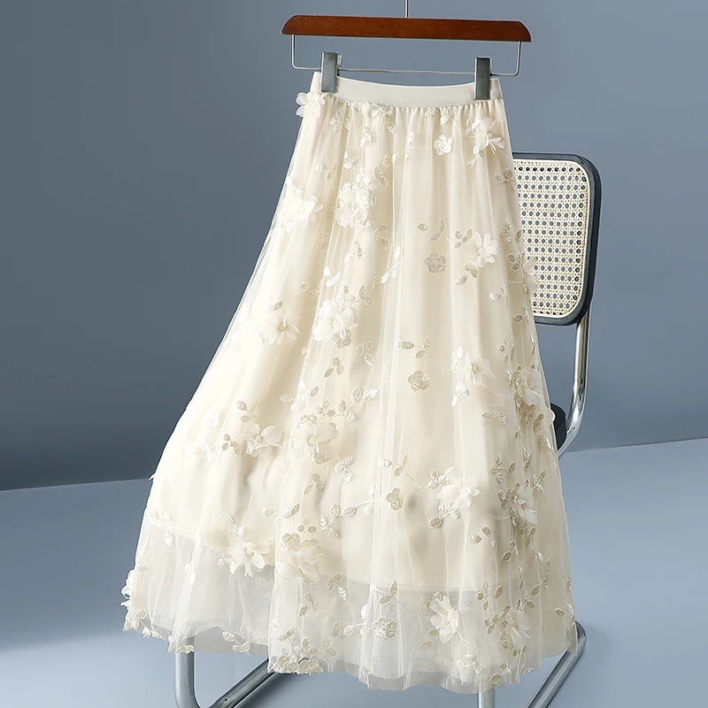 2025 printemps été femmes taille haute mince jupe longue décontractée taille haute broderie douce 3D fleurs maille Tulle jupe Streetwear
