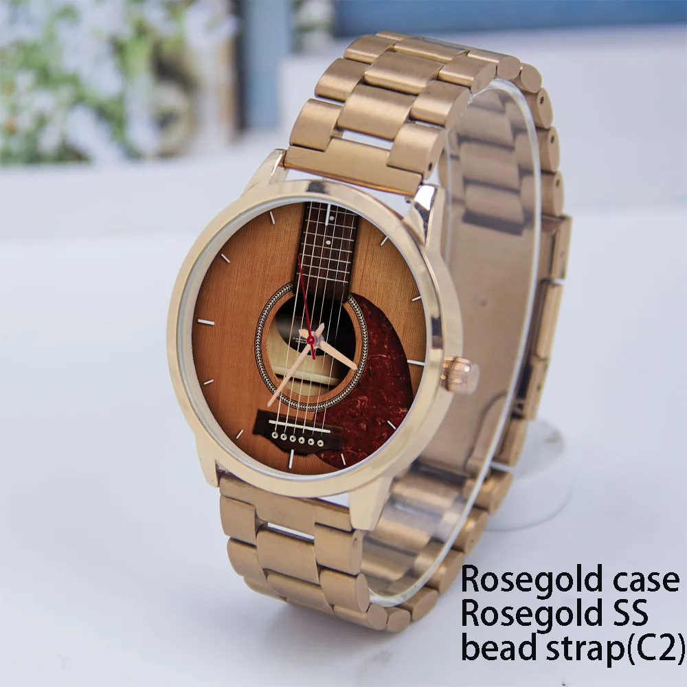 Guitar Bass Instrument Design Men's Personalized Watch Traditional Hands Simple  Fashionable Watch Musician Gift Rose Gold Case