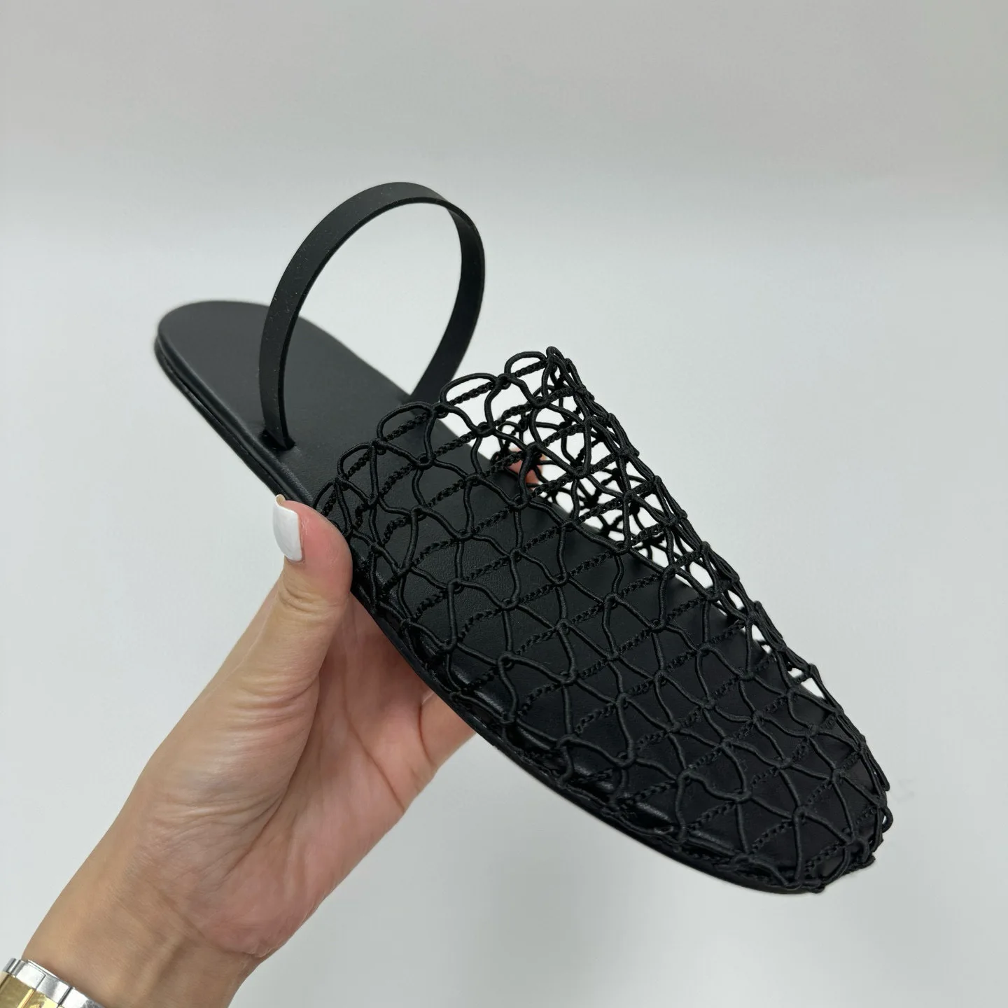 Flat Fishing Net Sandals Female Breathable Branded Designer Sandals Women Woven Roman Sandals Skeleton Mesh Mule Slippers Women