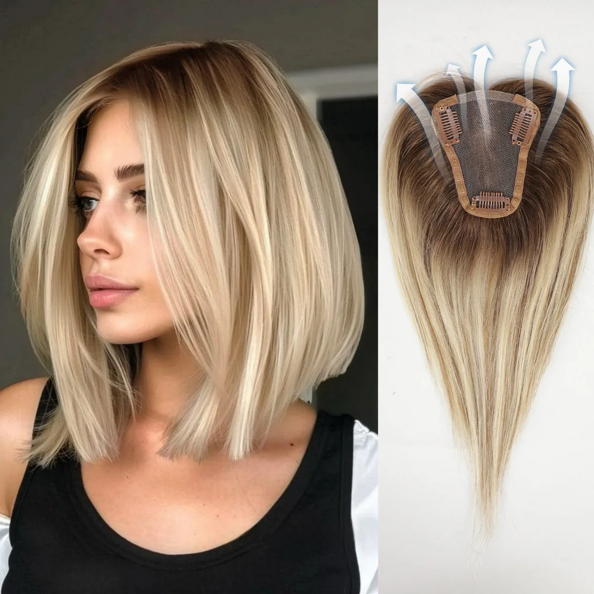 Ash Brown Blonde Ombre Hair Toppers Balayage 12 Inch 100% Remy Human with Lace Base Middle Part Clips In Hairpiece for Women