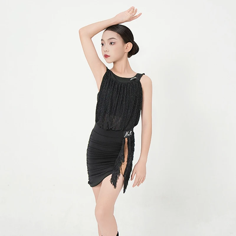 Fashion Latin Dance Competition Clothing Children'S Ballroom Dance Costume Girls Black Latin Dance Tassels Dresses SL13906